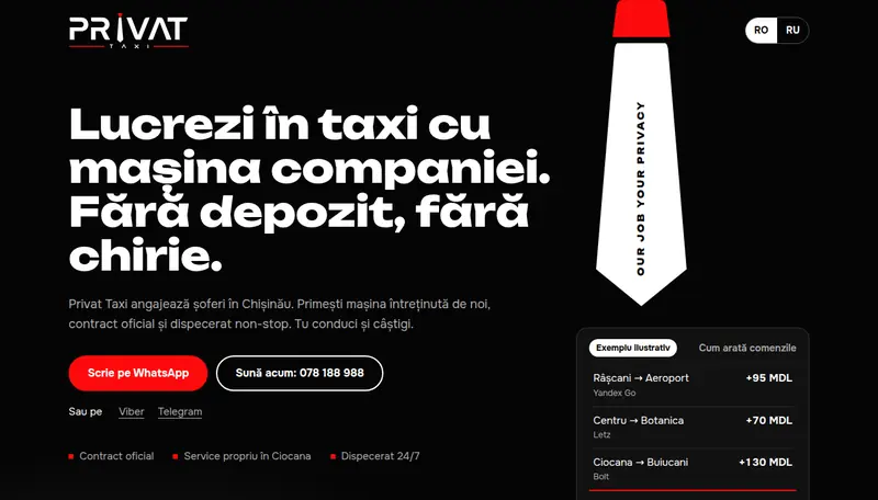 Privat Taxi page, screenshot of the live site (Romanian)